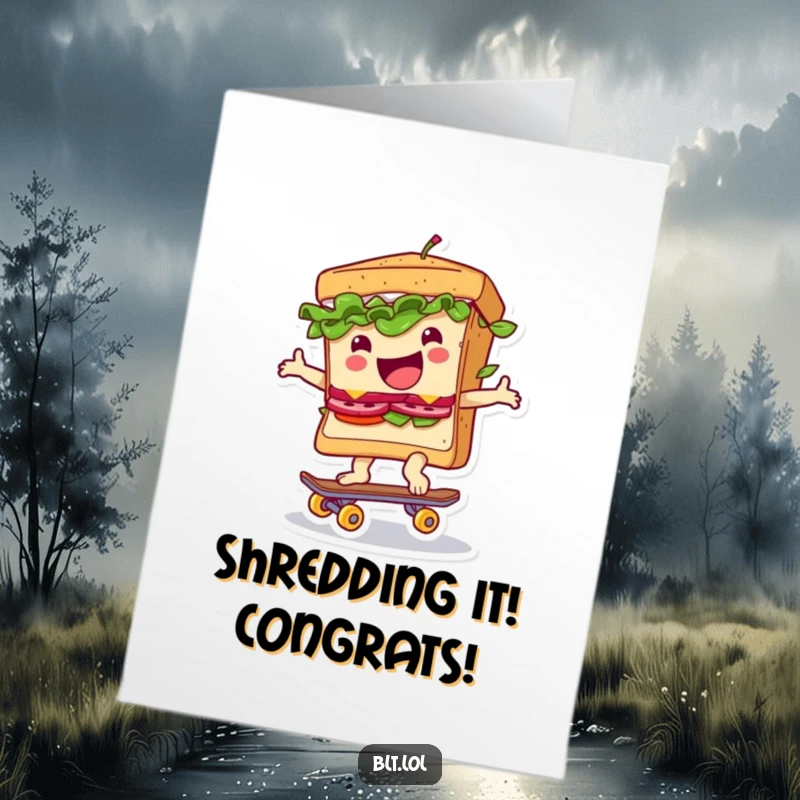 Funny Free Printable BLT Sandwich Congratulations Card: A BLT character cruising on a tiny skateboard, celebrating a successful moment with style.