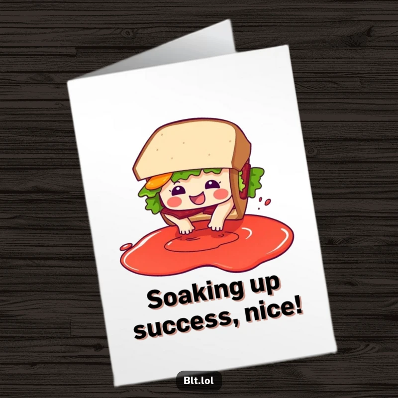 Funny Free Printable Congrats Card: Glee-filled BLT sandwich character making a big splash diving into imaginary sauce.