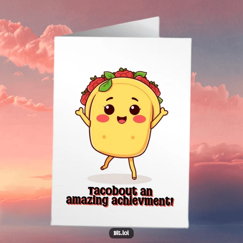 Funny Free Printable Congratulations Card: Kawaii taco happily salsa dancing, celebrating success with a vibrant and downloadable festive design.