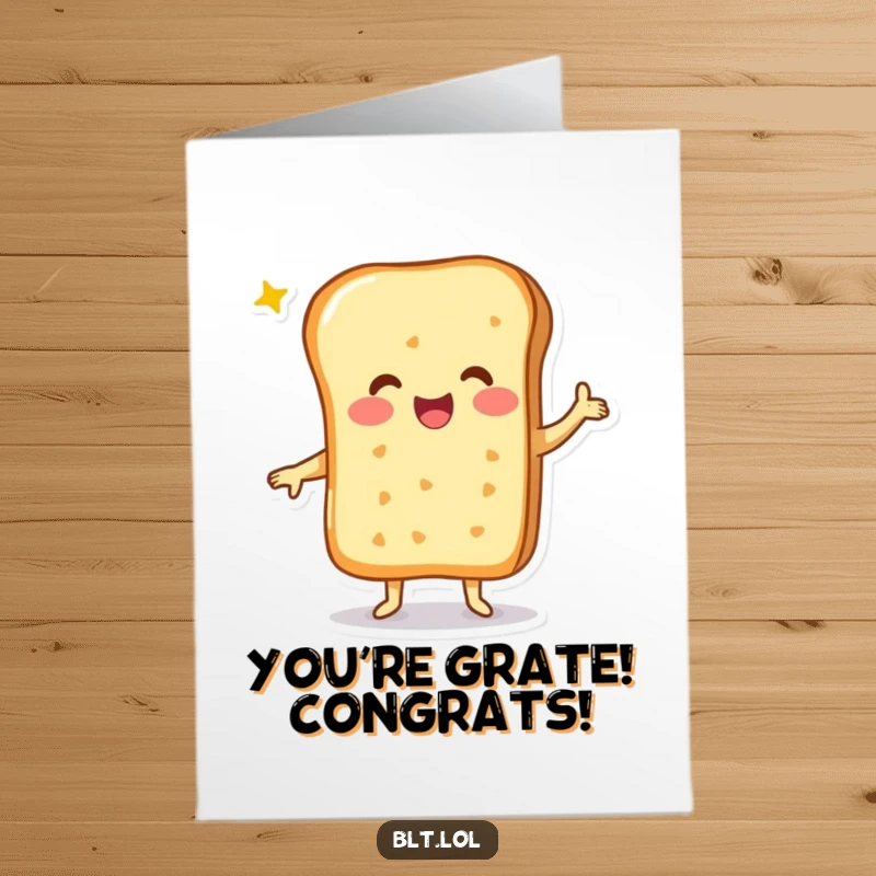 Free Printable Congratulations Card: A cheesy bread character doing a jubilant dance, celebrating a fantastic and delicious victory.