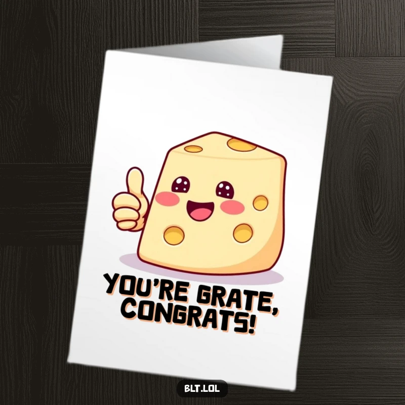 Funny Free Printable congratulations card: A happy cheese slice giving a cheerful thumbs up, celebrating success.