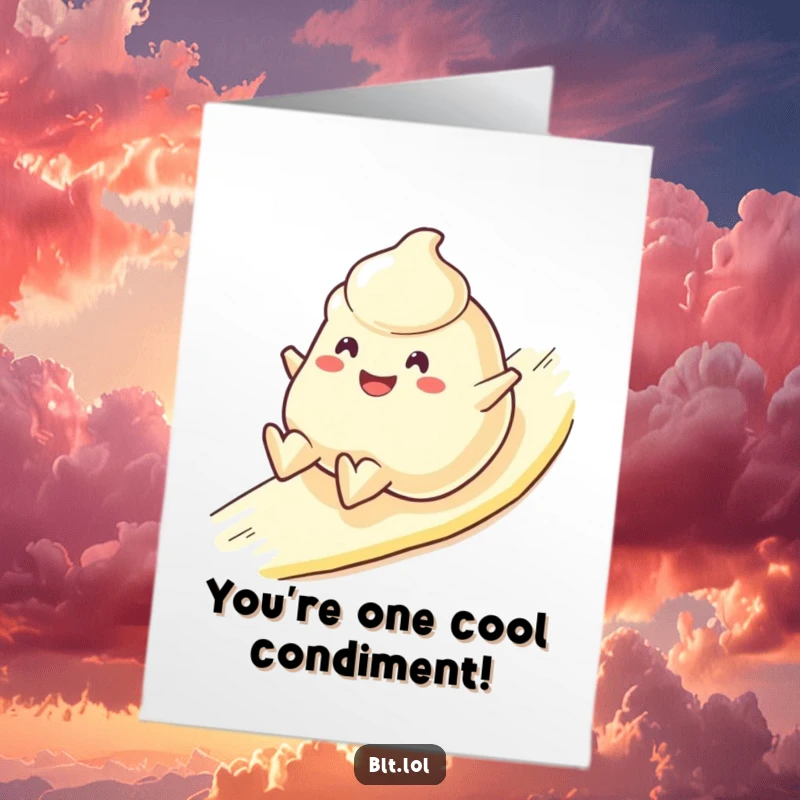 Funny Free Printable Congratulations Card with a cheerful mayonnaise blob happily sliding downhill.