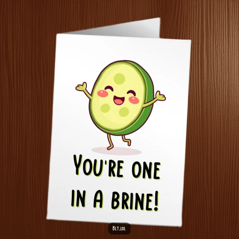 Funny Free Printable pickle slice doing a cartwheel, green and cheerful, perfect for congratulating someone.