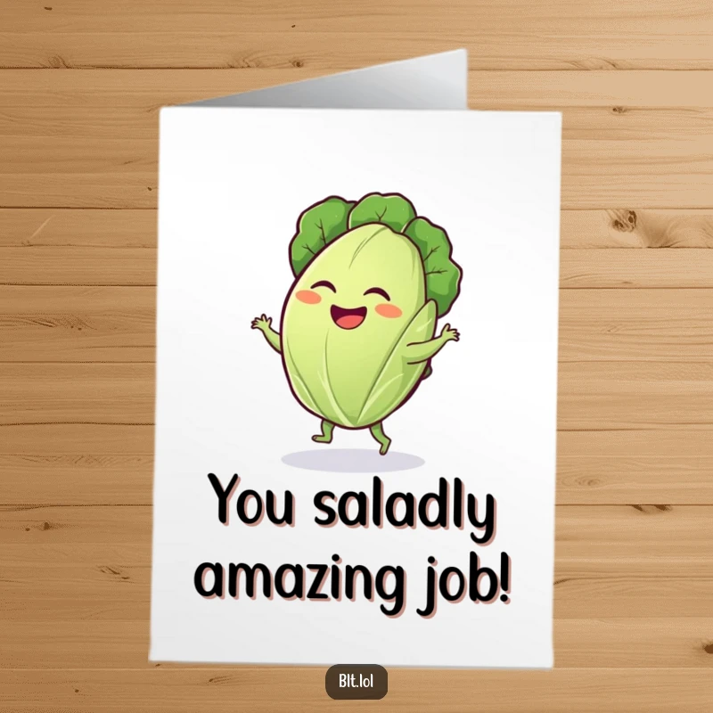 Funny Free Printable Lettuce Dance Congratulations Card, a giggling lettuce leaf performing a silly dance, celebrating success.