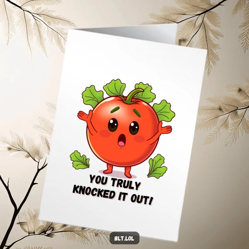 Funny Free Printable tomato surprised and juggling lettuce leaves, perfect for congratulations.