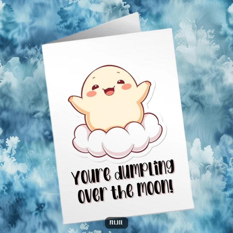 Funny Free Printable Congratulations Card: Kawaii dumpling character bouncing on a cloud, expressing happiness and success in a downloadable format.