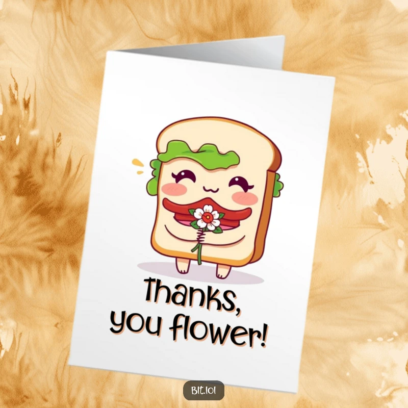 Funny Free Printable BLT Sandwich Card: Bashful character blushing with flowers, expressing thanks, lovely DIY gift.