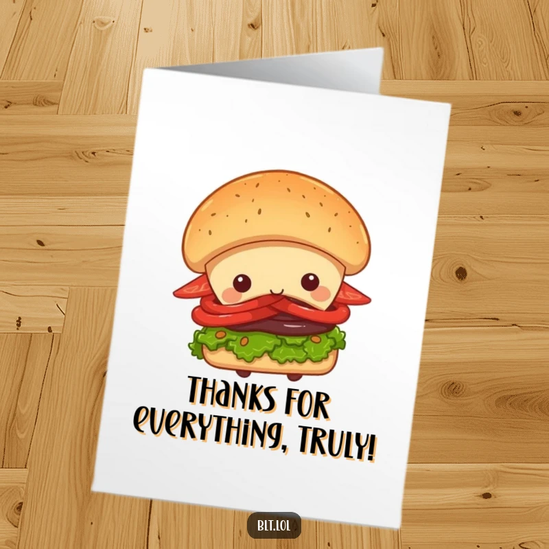Funny Free Printable BLT sandwich peeking out playfully from behind a giant bun, conveying thanks with a sweet, inviting expression.