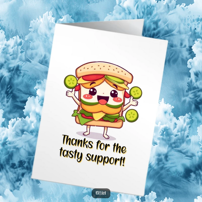 Funny Free Printable Thank You Card: Grinning BLT character juggling pickle slices as a unique thank you.