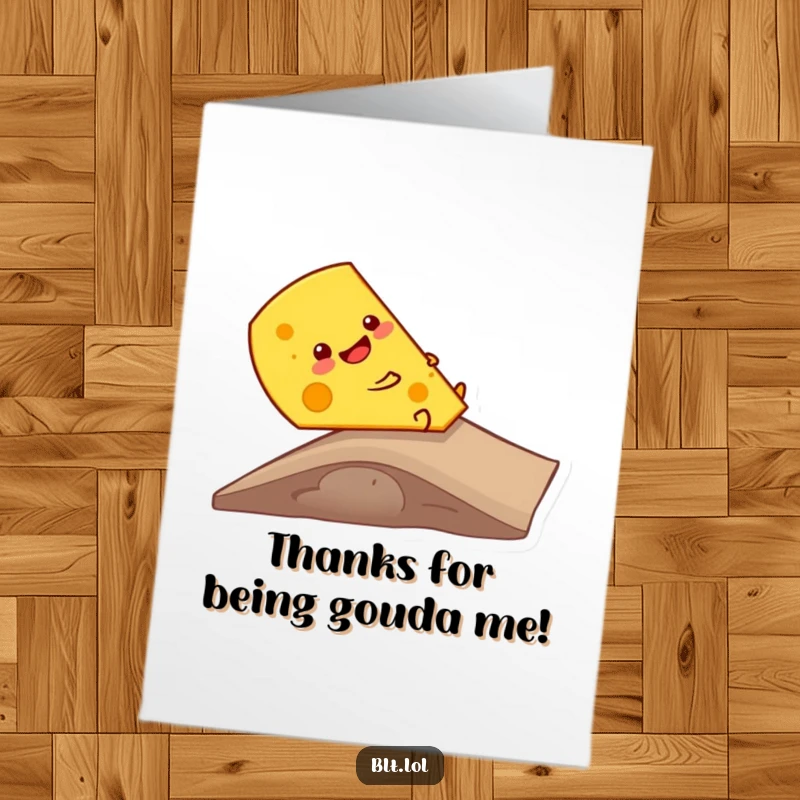 Funny Free Printable cheese slice sliding down a ramp, smiling, a humorous thank you card.