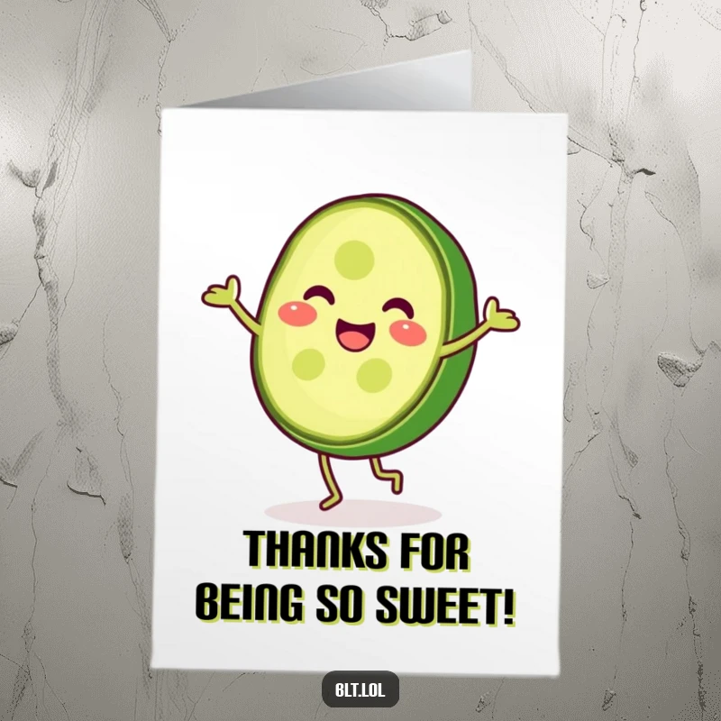Funny Free Printable pickle slice doing a cartwheel, smiling widely, a fun way to say thank you.