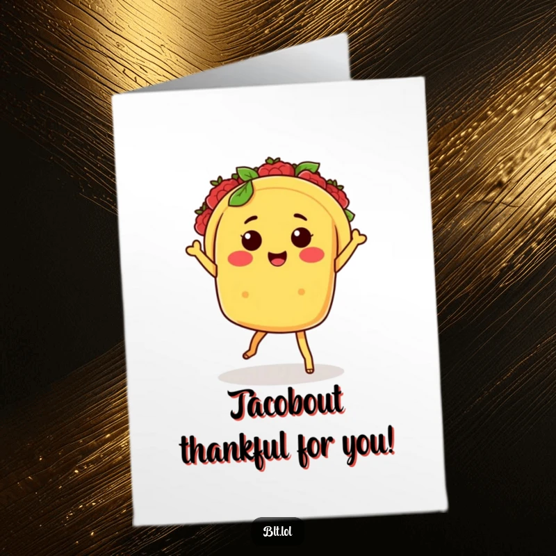 Funny Free Printable Thank You Card: Kawaii taco with legs salsa dancing, sending thanks with a cheerful and downloadable festive message.