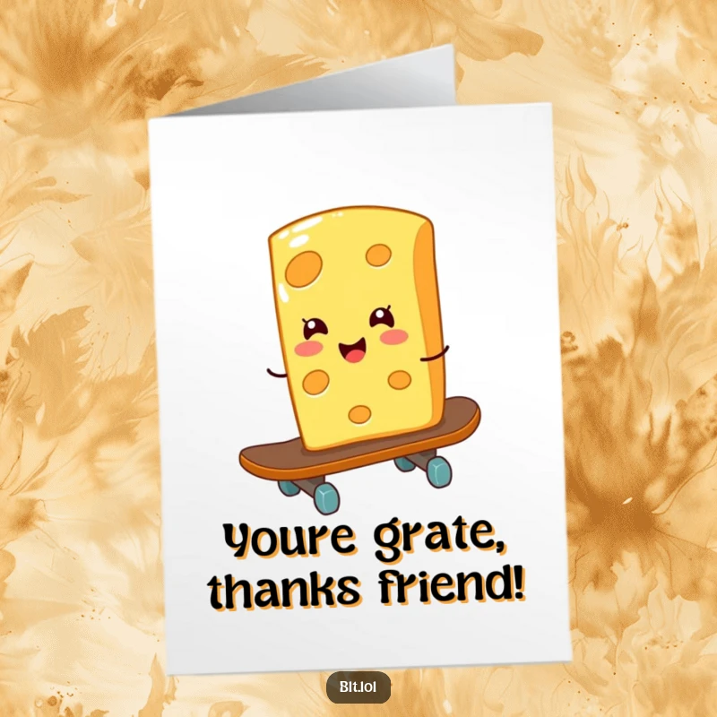 Funny Free Printable Thank You Card: A happy cheese slice cruisin' on a skateboard, sending thanks.