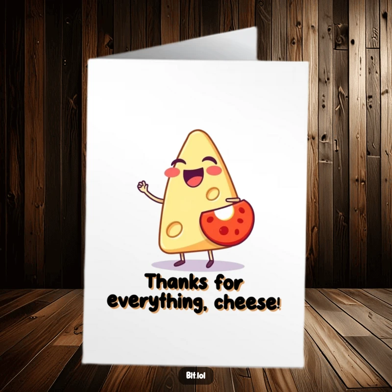 Funny Free Printable Thank You Card: Laughing cheese slice with tomato, sending thanks with downloadable charm and humor.