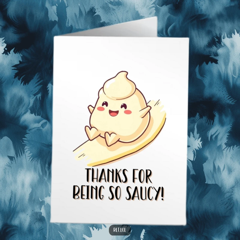 Funny Free Printable Thank You Card featuring a happy mayonnaise blob character sliding with glee.
