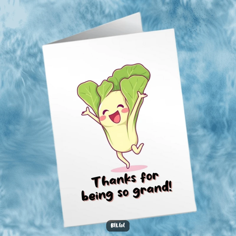 Funny Free Printable Thank You Card: A very excited lettuce leaf performing a high-flying gymnastics flip, conveying enthusiastic thanks.