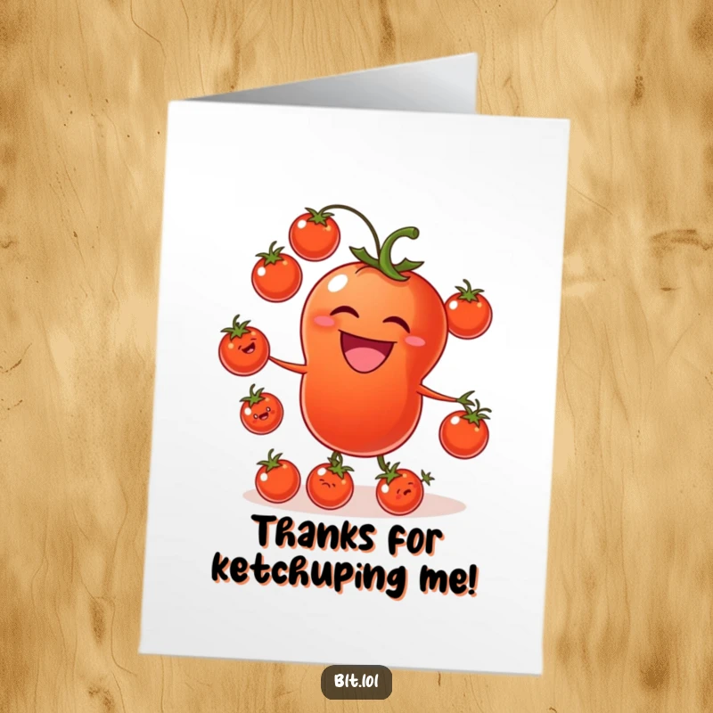 Funny Free Printable Tomato Juggling Thank You Card, a laughing tomato juggling tiny tomatoes, perfect for expressing thanks.