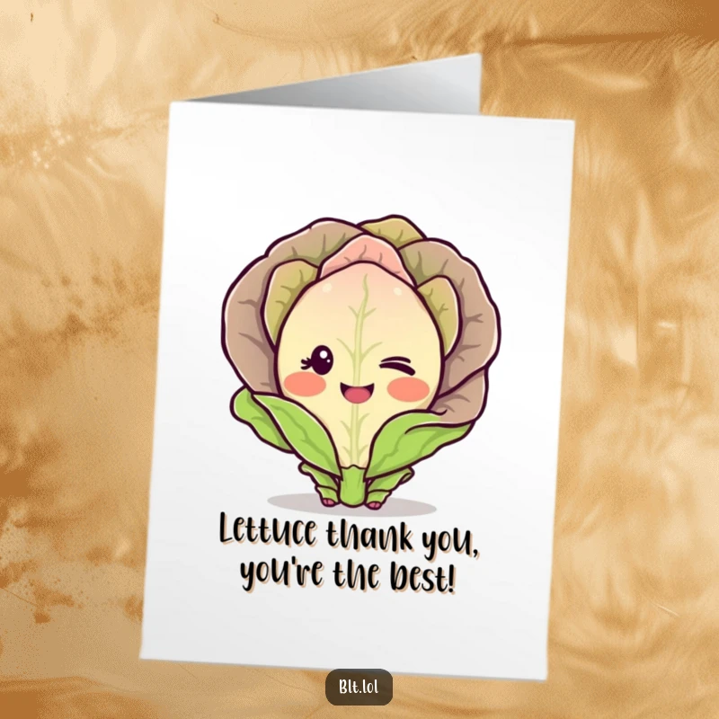 Funny Free Printable Thank You Card showing a blushing lettuce leaf making eye contact with a shy wink.