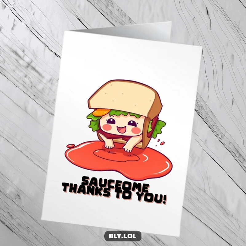Funny Free Printable Thank You Card: Glee-filled BLT sandwich character diving headfirst into imaginary sauce with joy.