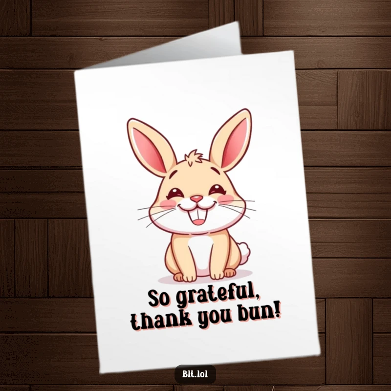 Funny Free Printable thank you card: An overjoyed anthropomorphic bun with a wide, happy grin, expressing gratitude.