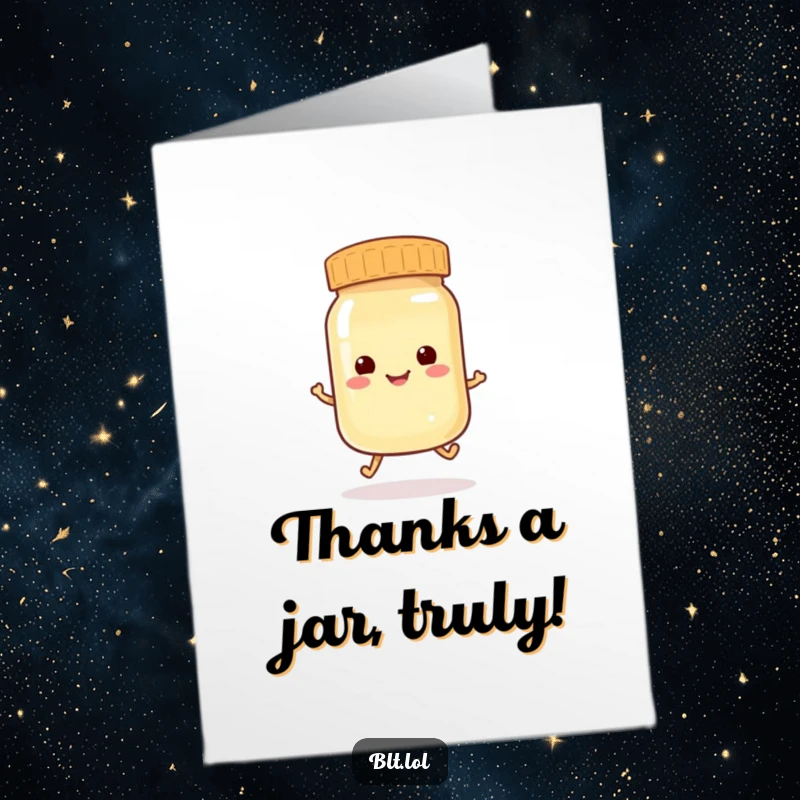 Funny Free Printable Thank You Card: A playful mayonnaise jar doing a happy hop. A delightful downloadable thank you.