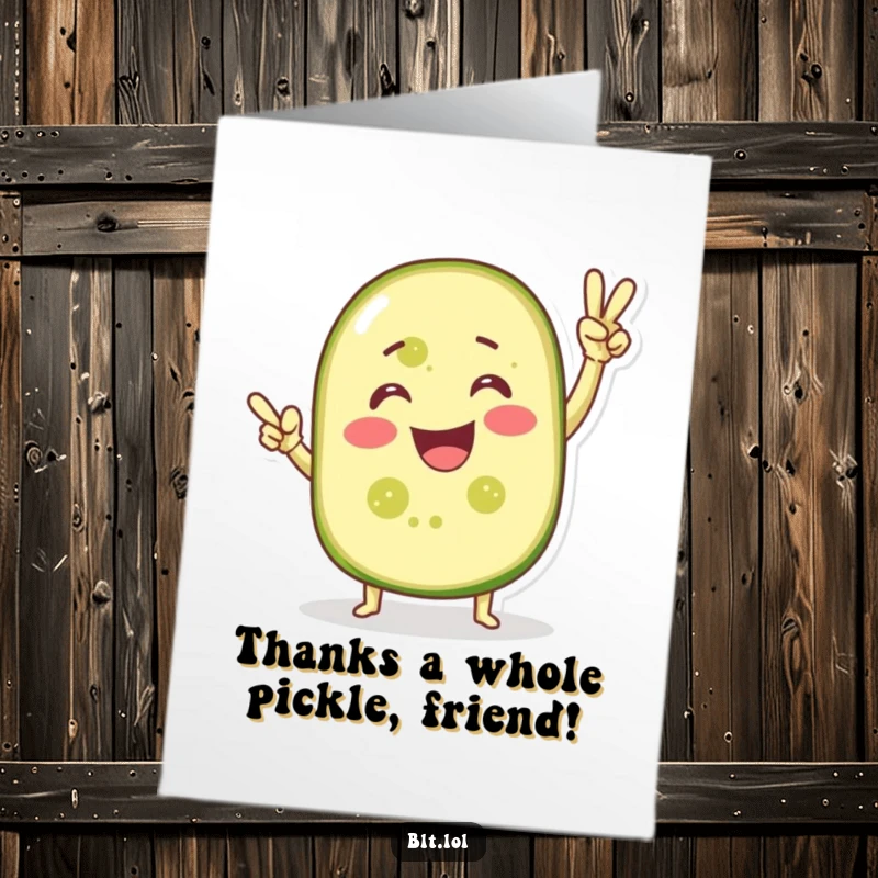 Funny Free Printable thank you card: A proud pickle slice in a victory pose, radiating thanks and good vibes.
