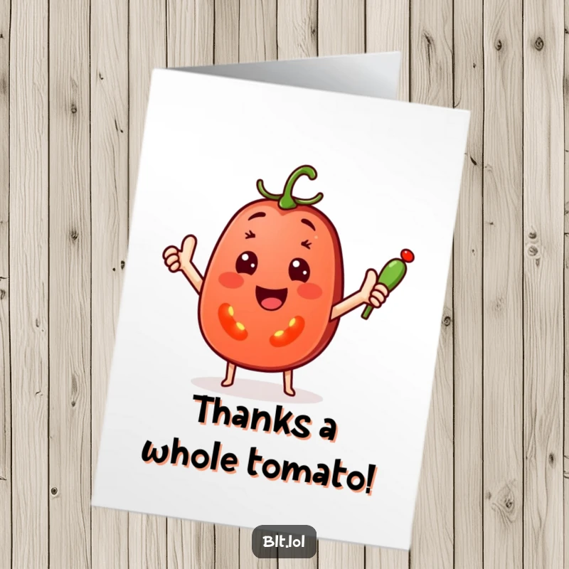 Funny Free Printable Thank You Card: a tomato slice cheerfully waving a tiny pickle, perfect for gratitude.