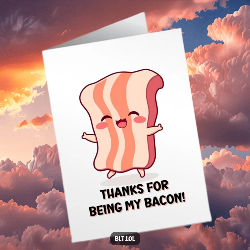 Funny Free Printable giggling bacon character dancing, expressing thanks with a playful, humorous gesture.
