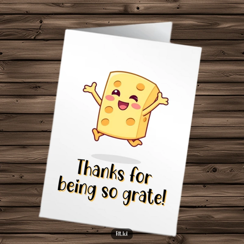 Funny Free Printable Thank You Card featuring a happy cheese slice character jumping with joy.