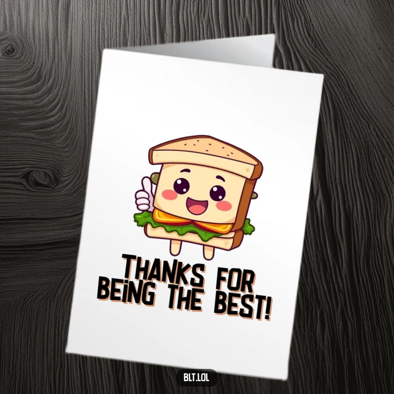 Funny Free Printable Thank You Card: a cheerful BLT sandwich character giving a thumbs up, perfect for gratitude.