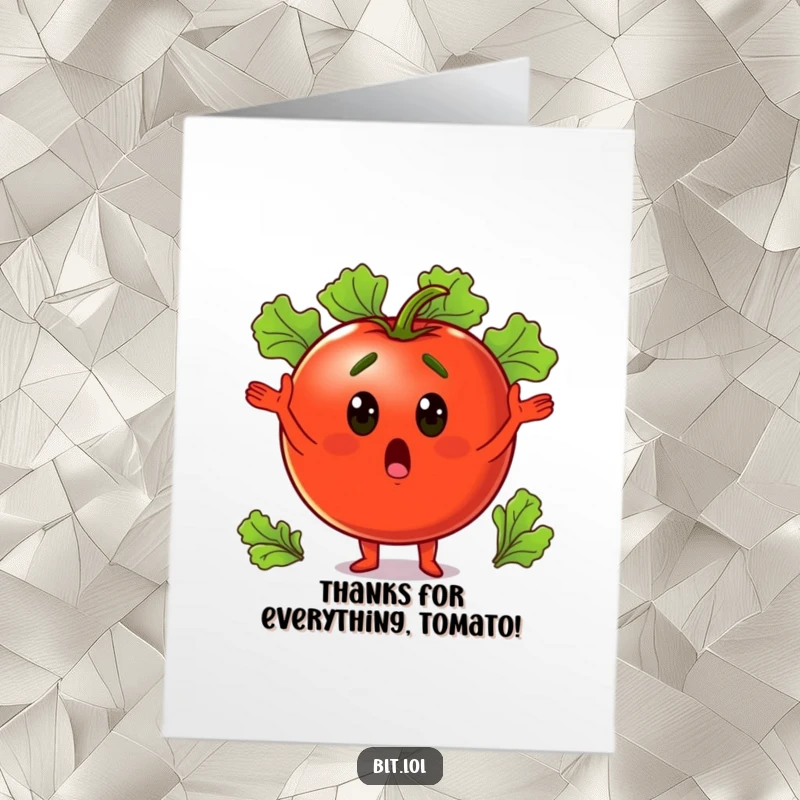 Funny Free Printable tomato surprised while juggling lettuce leaves, a unique thank you card.