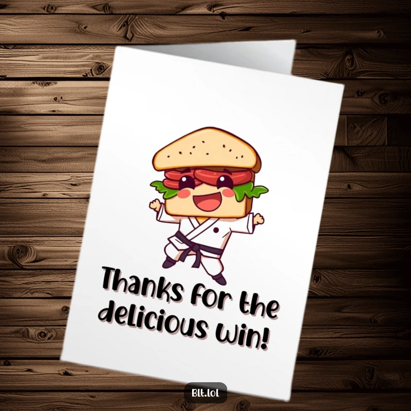 Funny Free Printable Thank You Card: A BLT sandwich character performing a dynamic karate kick, conveying energetic gratitude.