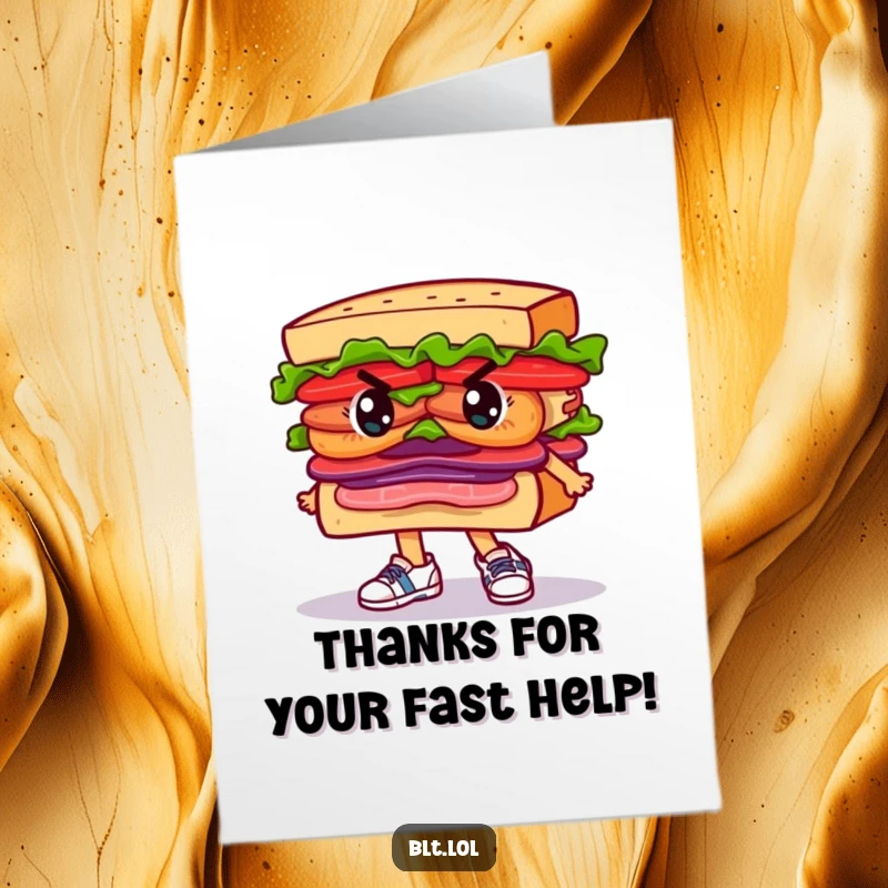 Funny Free Printable BLT Sandwich Card: Determined character in running shoes, expressing thanks, perfect DIY gift.