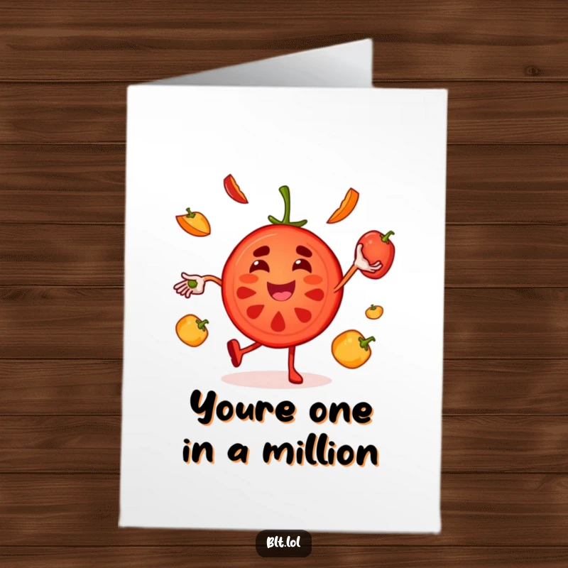 Funny Free Printable tomato slice character, juggling pepper slices with joy, saying thank you.