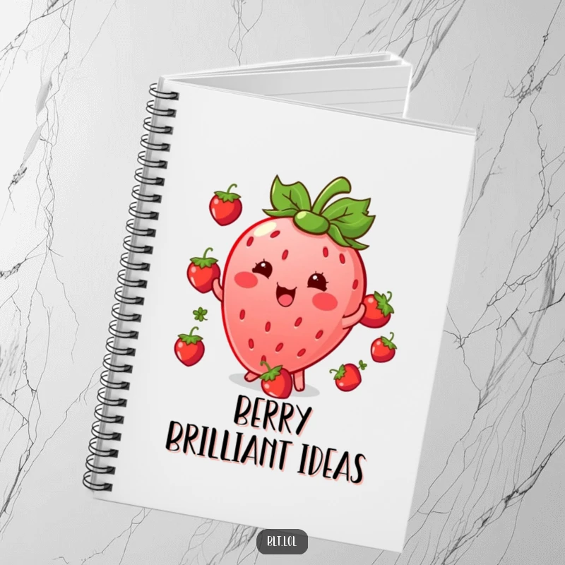 Funny giggling Kawaii strawberry character juggling berries on a notebook cover, perfect for planning and writing.