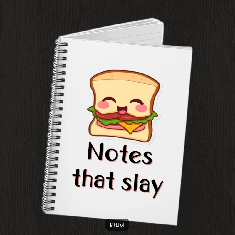 Funny BLT sandwich notebook featuring a winking sandwich dropping a microphone, ready for notes and doodles.