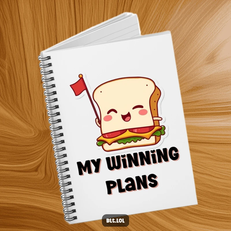 Funny notebook with a winking anthropomorphic BLT sandwich and a tiny flag, perfect for jotting notes with humor.