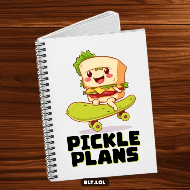 Funny BLT sandwich character smiling while skateboarding on a giant pickle, ready to take notes in this notebook.