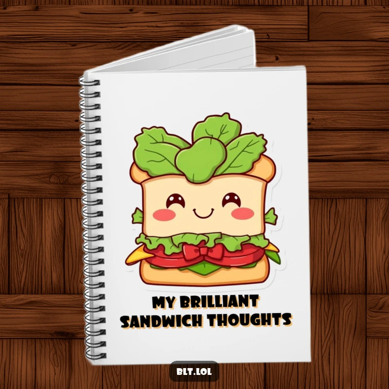 Funny BLT Sandwich Notebook: A smiling BLT character with a lettuce head in a bow, ideal for jotting down notes with humorous flair.