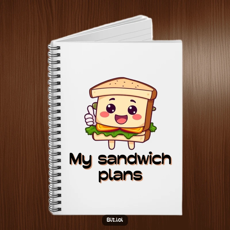 Funny Notebook with a smiling BLT sandwich character giving a cheerful thumbs up, perfect for notes and doodles with a humorous twist.