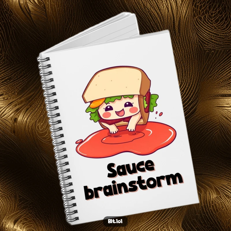 Funny BLT sandwich character, ready to take notes, diving into imaginary sauce in this fun notebook.