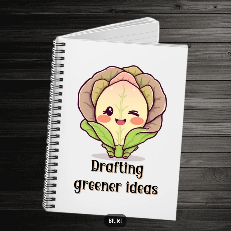 Funny Notebook with a blushing lettuce character winking shyly, perfect for writing or drawing, humorous stationery.