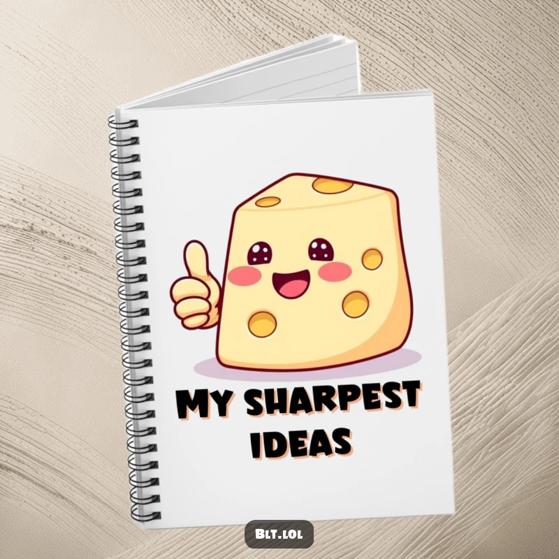 Funny notebook featuring a beaming cheese slice giving a thumbs up, perfect for writing down positive thoughts and ideas.