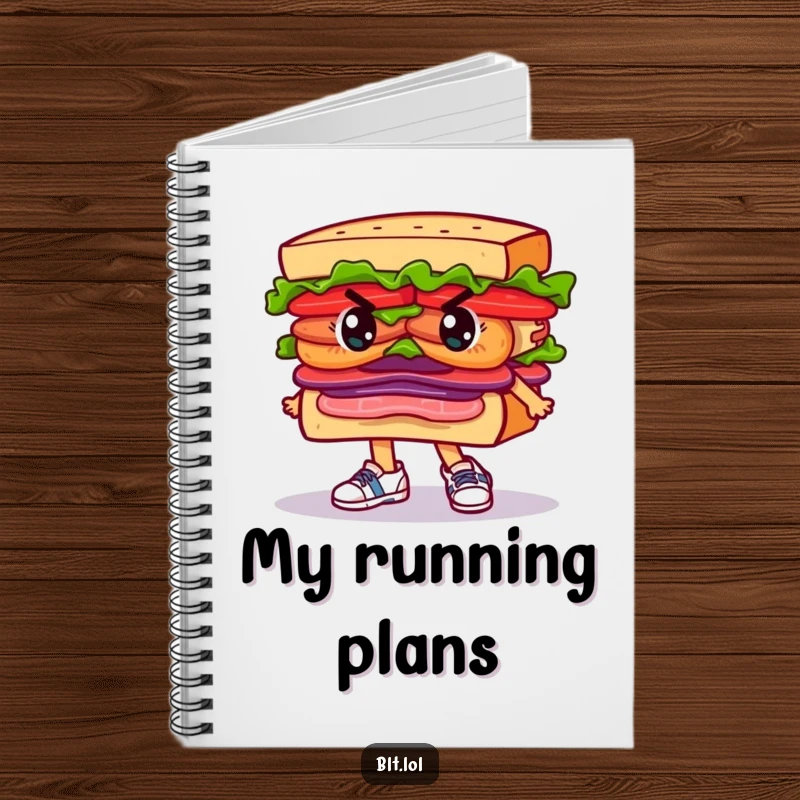 Funny Notebook with a determined BLT sandwich character wearing running shoes, designed for tracking goals with humor.