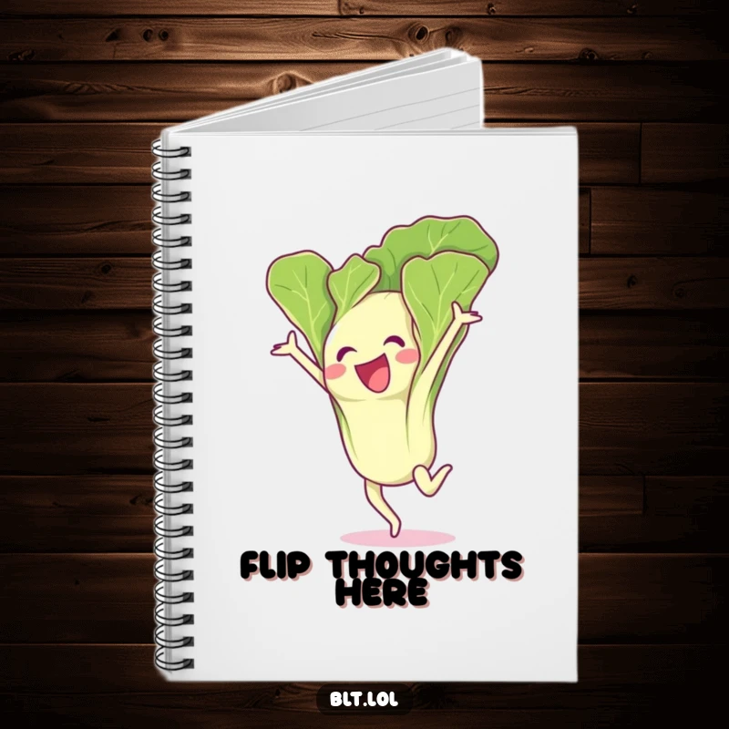Funny lettuce leaf character in a gymnastics flip, ready to inspire notes and ideas in this fun notebook.