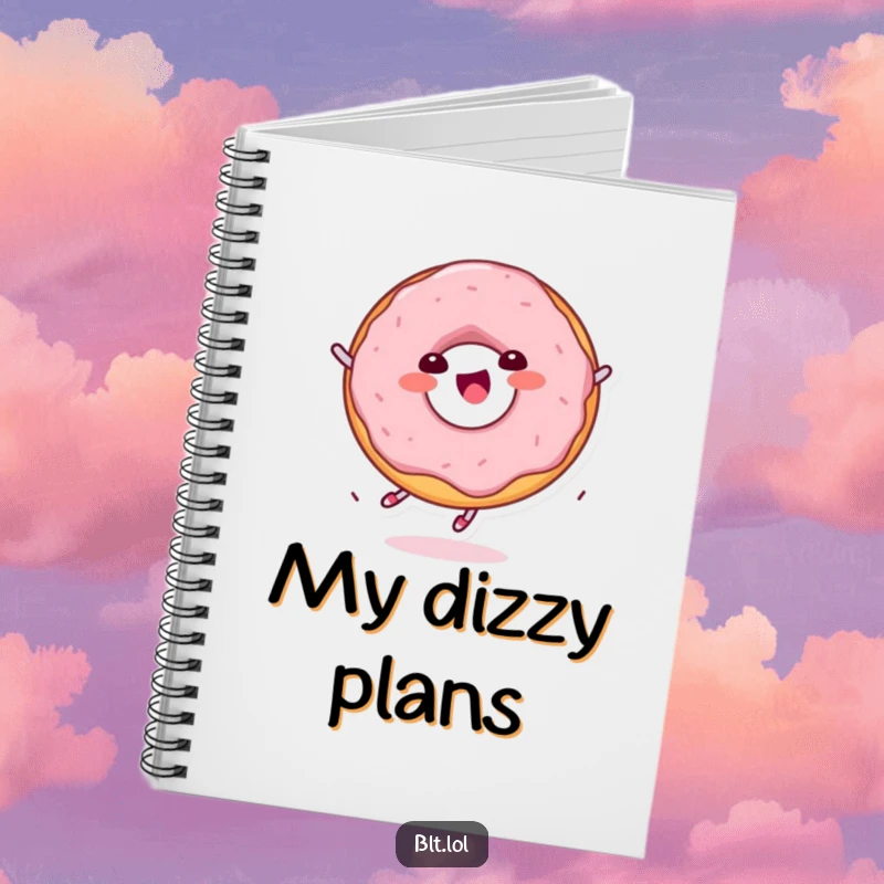 Funny delighted Kawaii donut character spinning on a notebook cover, perfect for planning and note-taking.