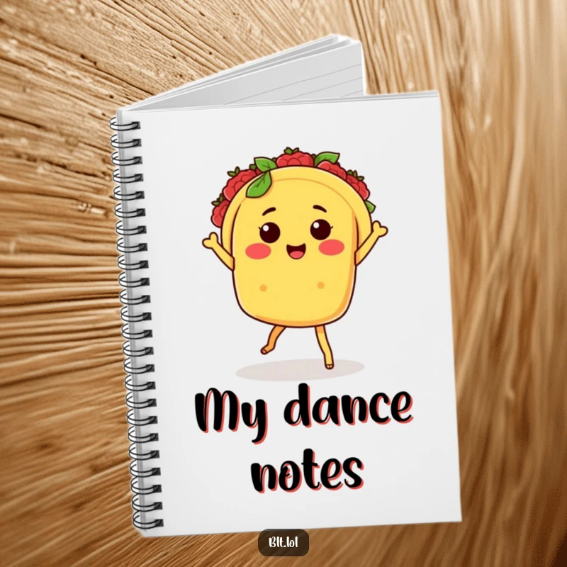 Funny Kawaii taco character with tiny legs salsa dancing on a notebook cover, perfect for journaling and creativity.