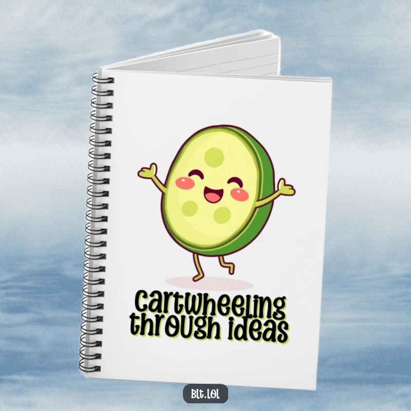 Funny pickle slice doing a cartwheel, ready to record ideas, this notebook adds energetic humor to daily notes.