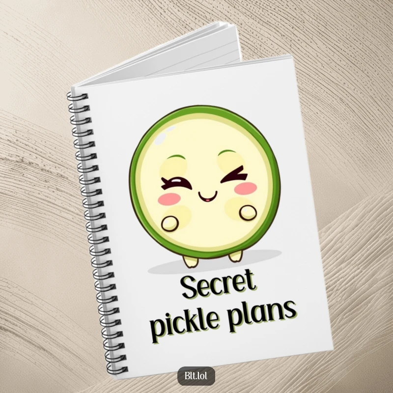 Funny Notebook with a winking pickle slice character with a mischievous grin, perfect for notes and doodles, humorous stationery.