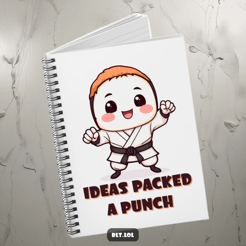 Funny sushi notebook featuring a smiling sushi piece ready to karate chop, perfect for writing and sketching.